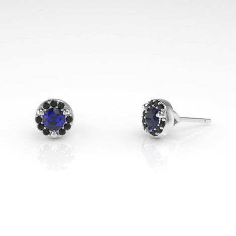 Single Arcus Halo Stud Earring with a Sapphire and Black Diamonds Kris Averi White Gold 