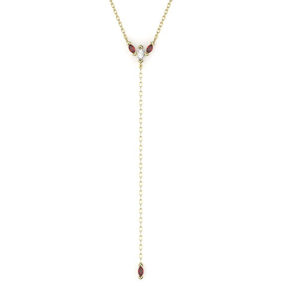 Swallowtail Lariat Necklace with a White Diamond and Rubies Kris Averi Yellow Gold 