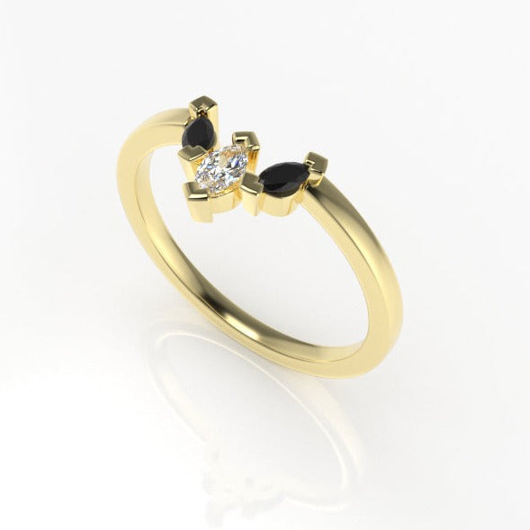 Swallowtail Three-Stone Ring with Marquise White and Black Diamonds Kris Averi Yellow Gold 4 