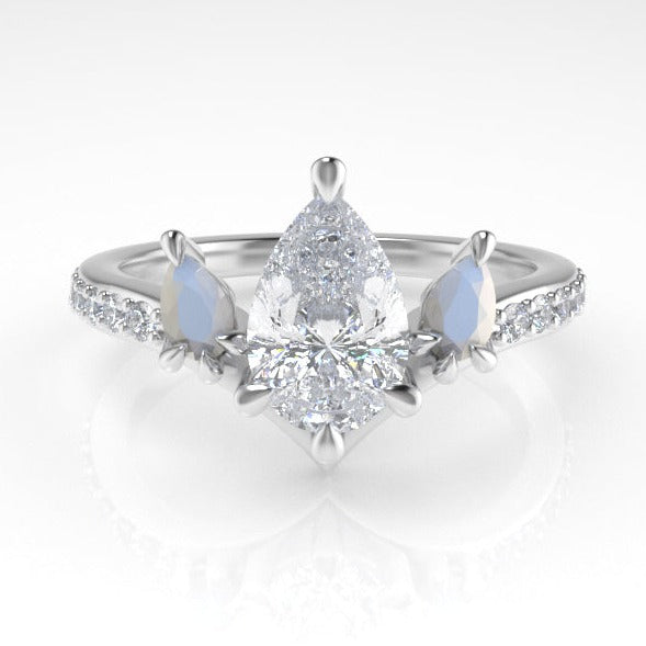 Valk Freya Three-Stone Ring with a Pear-shaped White Diamond and Moonstones Kris Averi Platinum Lab Diamond 4