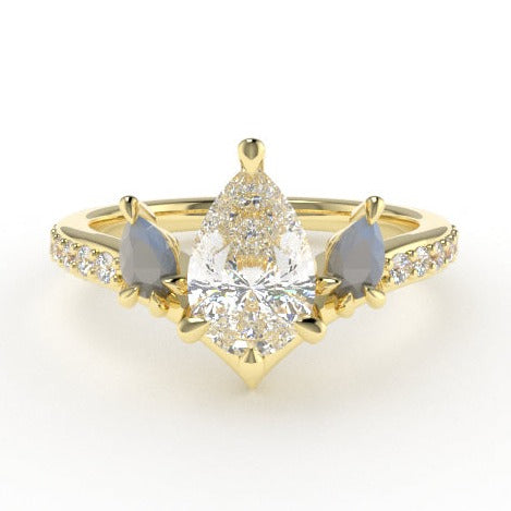 Valk Freya Three-Stone Ring with a Pear-shaped White Diamond and Moonstones Kris Averi Yellow Gold Lab Diamond 4