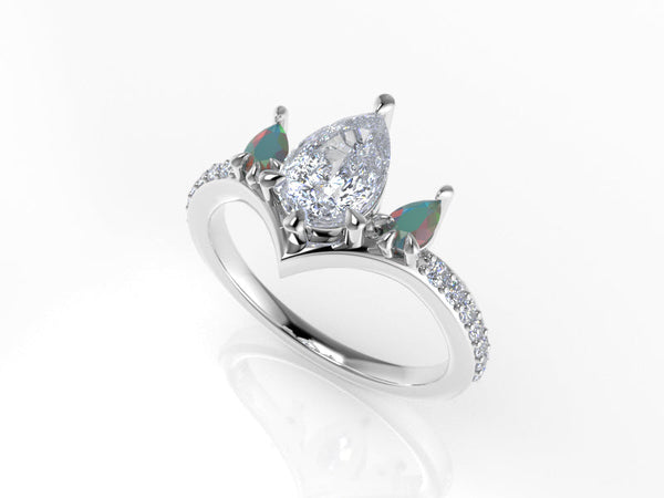 Valk Freya Three-Stone Ring with a Pear-Shaped White Diamond and Opals Kris Averi 