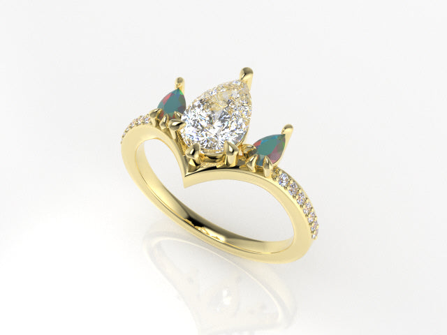Valk Freya Three-Stone Ring with a Pear-Shaped White Diamond and Opals Kris Averi 