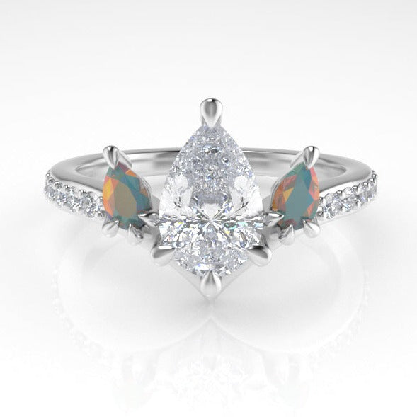 Valk Freya Three-Stone Ring with a Pear-Shaped White Diamond and Opals Kris Averi Platinum Lab Diamond 4