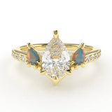 Valk Freya Three-Stone Ring with a Pear-Shaped White Diamond and Opals Kris Averi Yellow Gold Lab Diamond 4