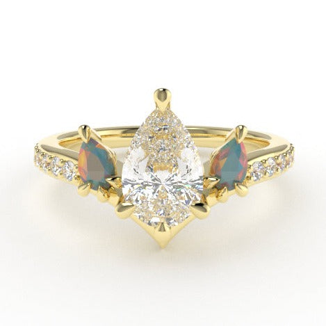 Valk Freya Three-Stone Ring with a Pear-Shaped White Diamond and Opals Kris Averi Yellow Gold Lab Diamond 4