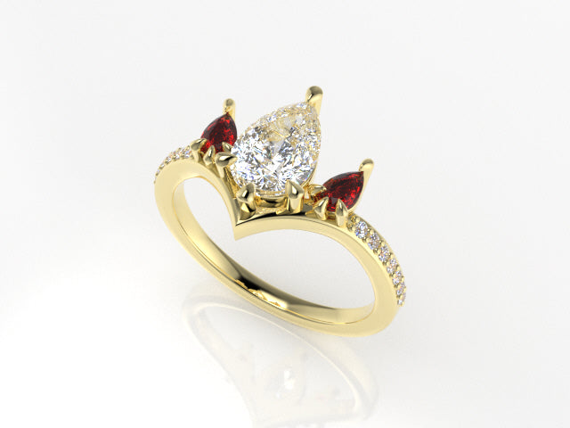 Valk Freya Three-Stone Ring with a Pear-Shaped White Diamond and Rubies Kris Averi 