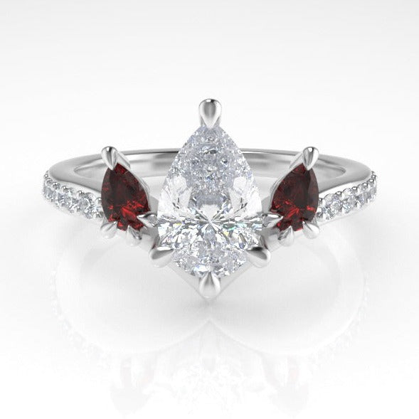 Valk Freya Three-Stone Ring with a Pear-Shaped White Diamond and Rubies Kris Averi Platinum Lab Diamond 4