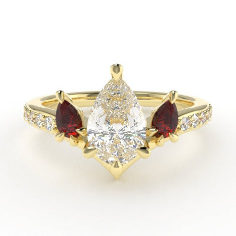 Valk Freya Three-Stone Ring with a Pear-Shaped White Diamond and Rubies Kris Averi Yellow Gold Lab Diamond 4