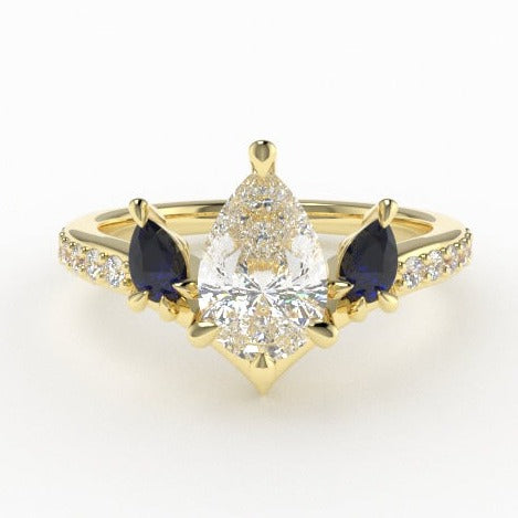 Valk Freya Three-Stone Ring with a Pear-Shaped White Diamond and Sapphires Kris Averi Yellow Gold Lab Diamond 4